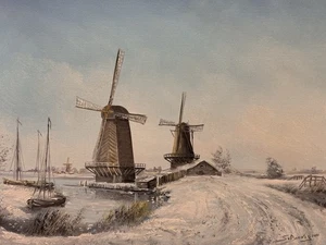 Holländische Winterwindmühlen original signiertes Ölgemälde, seltene Vintage Kunst Geschenke - Bild 1 von 14