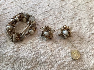 Bracciale e orecchini vintage firmati VENDOME perle vetro tono oro foglie - Foto 1 di 9
