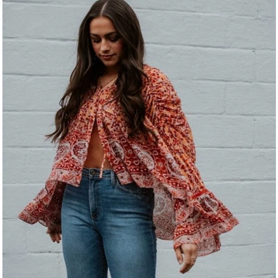 Free People Lorraine Tiered Tie Front Kimomo Crochet Inserts Floral S NWT $148 - Image 1 of 4