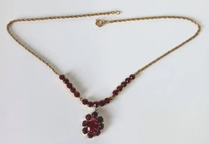 Vintage (Antique?) Gold-tone Necklace w/ Dark Red Rhinestone Flower & Lines - Picture 1 of 10