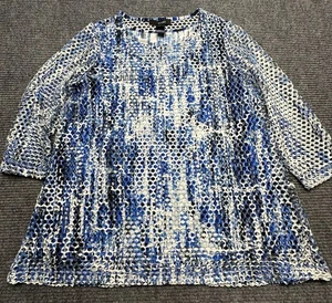 Ali Miles Shirt Womens Medium Blue White Textured Mesh 3/4 Sleeve Tunic Top - Picture 1 of 8
