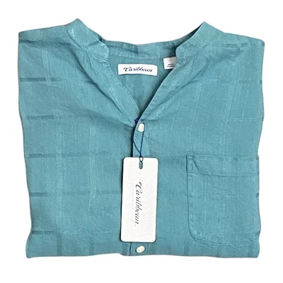 Caribbean Roundtree & Yorke Men's Large Linen Banded Collar Woven Shirt NEW - Image 1 of 4