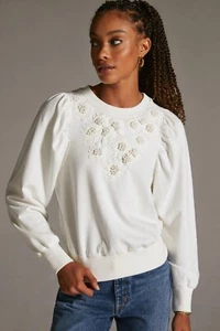Anthropologie Womens Large Ivory Embroidered Sweatshirt Puff Sleeve - Picture 1 of 7