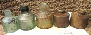 B-5 VINTAGE 1920s INK BOTTLES-3 GLASS/HEX+ROUND+2 POTTERY-GREAT DISPLAY-LISTING+ - Picture 1 of 5
