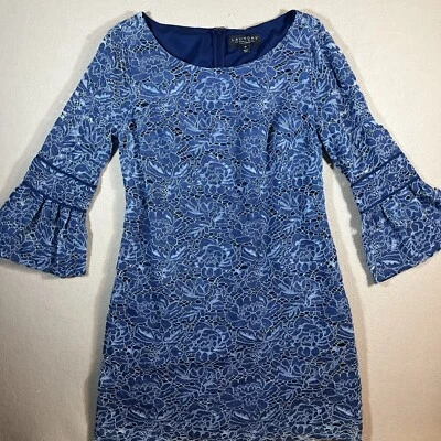 Laundry by Shelli Segal Blue Lace Bell Sleeve Dress Size 10 Cocktail Party - Image 1 of 4