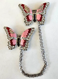 Antik rosa Emaille Schmetterling Nieten gestempelt silberfarben Chatelaine Pin Verschluss - Bild 1 von 4