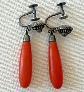 Antique Coral Earrings Tear Drop Dangle Victorian Sterling Screw Backs 1.0" - Picture 1 of 8