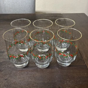 Vintage Libbey Holly & Berry Weihnachten Becher Klarglas Goldrand 6er Set - Bild 1 von 4