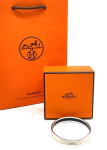 Auth HERMES Enamel Caleche Ivory x Silver Bangle W/Box/Bag BD040077 - Picture 1 of 11