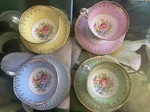 4 Sets Of Queen Anne Pink Rose Banquet Gold Trim Tea Cups & Saucers Chips - Picture 1 of 16