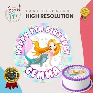 MERMAID & DOLPHIN EDIBLE ROUND BIRTHDAY CAKE TOPPER DECORATION PERSONALISED - Picture 1 of 1