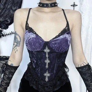 Gothic Spitze Netz Crop Tops Sexy Spaghettiträger Korsett Tops Goth Punk Weste - Bild 1 von 14
