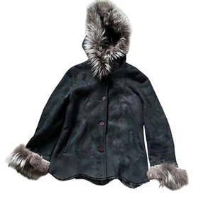 Chaqueta Fulmine de piel de oveja con capucha de gamuza de cuero con botones delanteros para mujer mediana - Imagen 1 de 17