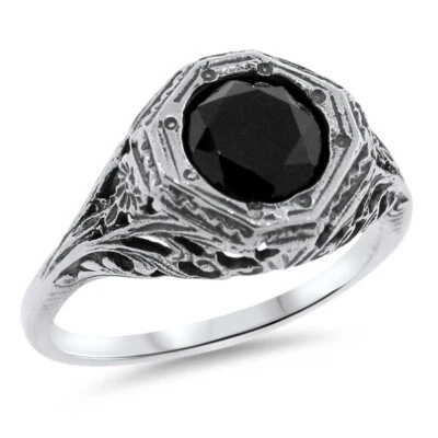 BLACK ONYX  VINTAGE DESIGN 925 SOLID STERLING SILVER SOLITAIRE RING      1200X - Image 1 of 3