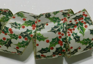 By the Yard Ivory Satin Holly Berry Gold Glitter Wire Ribbon Christmas Holiday - Picture 1 of 3
