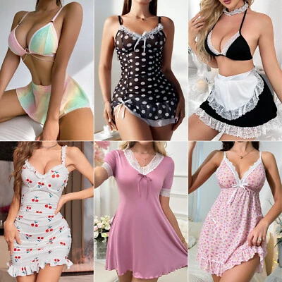 Sexy-Lingerie-Babydoll-Sleepwear-Underwear-Bra-G-String-Lace-Dress-Chemise-Teddy - Image 1 of 4