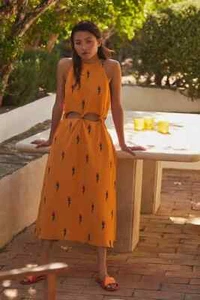 Farm Rio Parrot Halter Dress Embroidered Linen Anthropologie Tropical Sz XL NEW - Picture 1 of 6