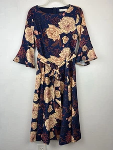 Kleid Damen M Blumen Blau Fit Flare 3/4 Arm Midi Gürtel Pinup Old Money - Bild 1 von 8