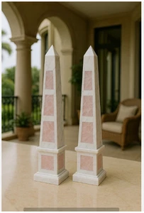 12" dos piezas Obelisco de mármol blanco incrustación de cuarzo rosa decoración del hogar arte y coleccionable - Imagen 1 de 3