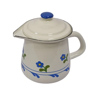 Emaille Sahnekännchen mit Deckel Milch Kännchen Küchenkanne Creme Blümchen - Bild 1 von 2