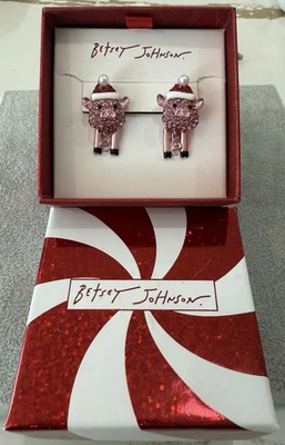 Betsey Johnson Pink Pig Santa Earrings Christmas Holiday Crystal Pave Boxed NWT - Image 1 of 4