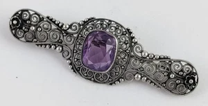 Antiguo prendedor de filigrana de canetilla de plata 800 con bisel conjunto de piedra amatista facetada - Imagen 1 de 8