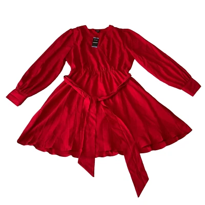 Express Wrap Dress Womens Size L Red Long Sleeve Belted Lined Stretch - Image 1 of 4