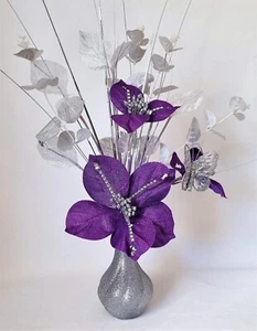 Artificial Flower Arrangement Purple Flower Butterfly Silver Glitter Vase 45cm. - Picture 1 of 1