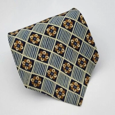 Corbata de seda Perry Ellis azul marrón blanco floral geométrica para hombre 55,5 x 3,7/8 Foto 1 de 4