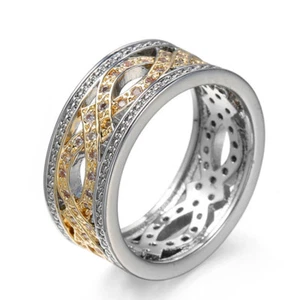 Great Double Color White Fire Topaz Silver Yellow Gold Plated Band Ring Sz 6-10 - Picture 1 of 6