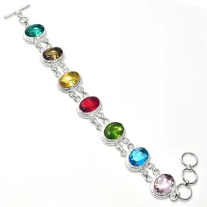 Multi Color Handmade Gemstone 925 Sterling Silver Jewelry Bracelet Sz 7-8" - Picture 1 of 4