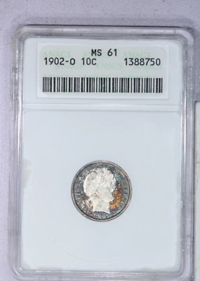 Moeda de dez centavos de barbeiro 1902-O 10C ANACS MS61 - Lindamente tonificada! - Imagem 1 de 4
