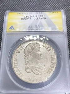 1819 PTS PJ Bolivia Silver 8R 8 Reales AU 53 Details Anacs Silver Potosi #567 - Picture 1 of 8