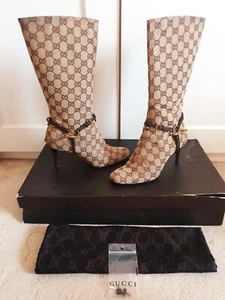 Gucci Women's GG Monogram Marmont Mid Calf Beige Fabric Boots UK 4 EU 37 US 7 - Picture 1 of 19