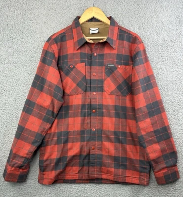 Columbia Cornell Woods Fleece Lined Shirt Jacket Mens Small Red Black Plaid Snap - Image 1 of 4