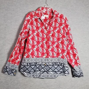 Charter Club Women Top Medium Red Paisley Floral Linen Boho Button Up - Picture 1 of 8