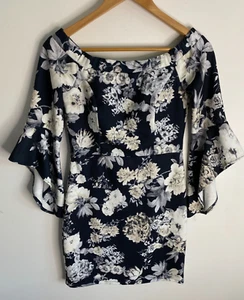 Dotti Dress Womens Size 10 Blue White Floral Flared Sleeeve Pencil Stretch Comfy - Picture 1 of 13