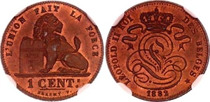 Belgium 1 Centime 1882 Thin Flan NGC MS64 RB Leopold II Rare KM# 33.2 - Picture 1 of 2