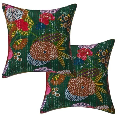 Pillow Cover Handcrafted Indian Kantha Decor Car Sofa Cushion Case 16 x 16 in - Image 1 of 4