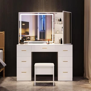 Vanity Desk with Mirror and Lights Glass Top and 7 Drawers Bedroom Makeup Desk - Picture 1 of 72