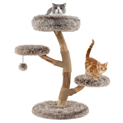 Modern Cat Tree w/Pear Wood Trunks Scratching Posts Soft Long Plush Fabric - Image 1 of 4