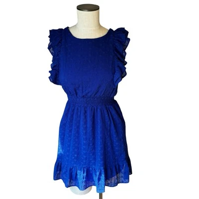 Mini Vestido BB Dakota Steve Madden Azul Real Ojales Volantes Manga Acampanada Talla S Foto 1 de 4