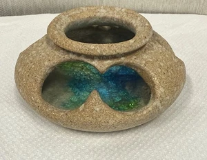 Dun Caion Irish Pottery Crackle Glass Signed Trinket Dish Candle Holder Blue - Picture 1 of 13