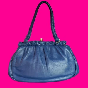 VINTAGE 1950's 1960's Blue Leather Snap Top Handbag Purse - Picture 1 of 2