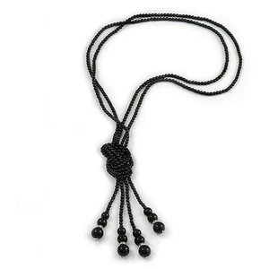 2 Strand Black Glass Bead Long Lariat Necklace - 118cm L - Picture 1 of 5