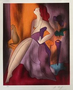 Linda Le Kinff 1998 Serigraph 16.5”x20” Untitled Woman With Cat Limited 10/120 - Picture 1 of 8