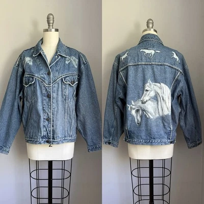 Vintage 1980’s Hand Painted Western Horses Denim Jean Jacket Size M/L - Image 1 of 4