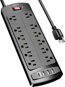 Striscia di Alimentazione, Protezione da Sovratensioni con 12 Prese e 4 Porte USB, Estensione 6 Piedi - Foto 1 di 12