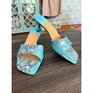 Vintage Stuart Weitzman Blue Croc Kitten Heel Mules Sz. 9 - Picture 1 of 9