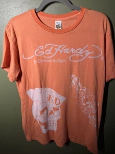 Vintage ED HARDY T-Shirt Skull Large Peach Made in USA - Picture 1 of 5